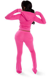 Kışlık Günlük Bayan <span class=keywords><strong>2</strong></span> Parça Pantolon Takımı Kışlık Kadife Pembe Kadın Takımı Kapüşonlu Üst ve Bol Paça Pantolon Takımı Ev Giysisi - Product Image 4