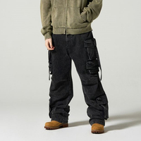 Jeans cargo OEM/ODM pour hommes, coupe ample, jambe large, denim délavé vintage, pantalon utilitaire, vente en gros directe d'usine