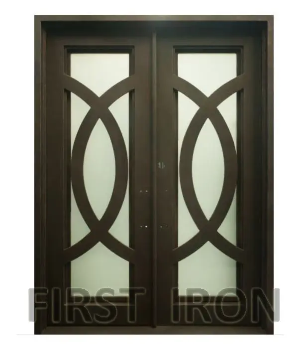 Porta de vidro de ferro forjado de luxo, porta de entrada dupla para villa