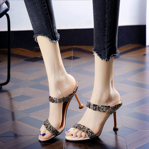 Sandales à talons hauts pour femmes, style européen et américain, à bout ouvert, ornées <span class=keywords><strong>de</strong></span> strass et <span class=keywords><strong>de</strong></span> diamants, talons fins, pour l'extérieur, décontractées - Product Image 5