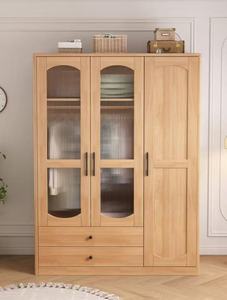 Armoire scandinave en bois avec portes vitrées, charnières, bois massif, autoportante, meubles de chambre à coucher modernes, 2 tiroirs - Product Image 6