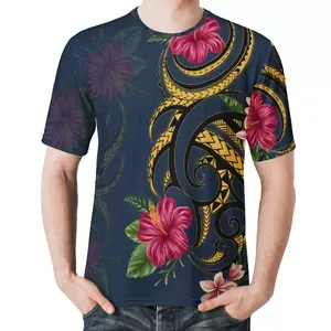 2021 Polyester summer blue Personality T Shirt Polynesian Tribal hibiscus HD print fabrics O Neck T Shirt Factory Outlet