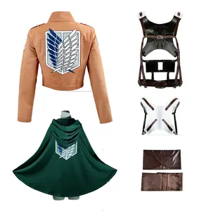 Attack On Titan Shingeki No Kyojin Kostum Cosplay, Set Kostum Cosplay Korps Pengintai, Celana Pendek Kulit, Sabuk Harness, Rok Celemek, Jubah Pramuka