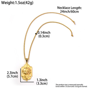 <b>Crown</b> Lion <b>King</b> Shield Charm Luxury Custom Engravable 316L Stainless Steel 18K Gold Plated Thick Twist Rope Mens Pendant - Product Image 6