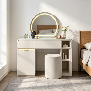 Ensemble de meuble-lavabo intégré crème avec miroir LED rond à anneau et bande lumineuse latérale, tabouret rond en cuir souple, bureau de maquillage pour dressing - Product Image 3
