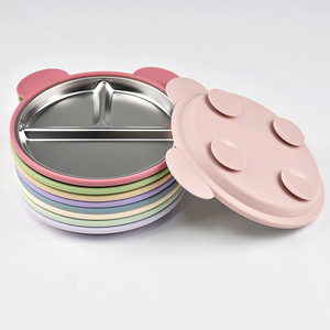 Placa de succión de silicona de acero inoxidable con diseño de dibujos animados para niños, plato de cena de alimentación para bebés no tóxico Apto para lavavajillas ecológico - Product Image 1