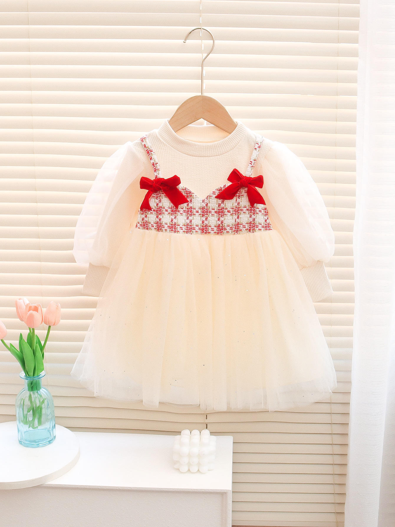 Winter Bow Birthday Dress for Baby Girls - Long Sleeve, A-Line Casual Toddler  Dress, Perfect for Holiday Parties, image size:1340x1785