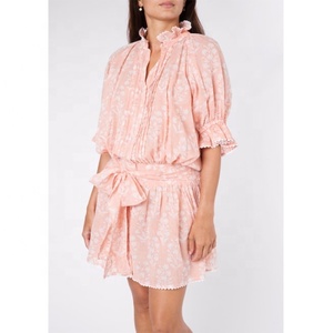 Merry Pretty — robe courte en coton, couleur rose, imprimé Floral, avec col droit, tunique chic Rac Edge et nœud frontal, pour l'été - Product Image 1