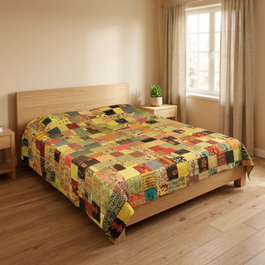 Couverture de lit vintage en patchwork Kantha, jeté de lit Queen, fabriqué avec du coton vintage, couvre-lit en sari - Product Image 4