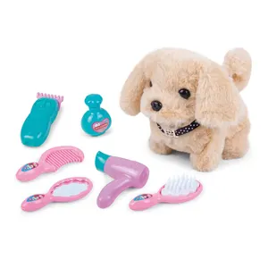 뜨거운 판매 전기 동물 플러시 장난감 B/O 워킹 플러시 강아지 헤어 드레스 미용 장난감 놀이 설정