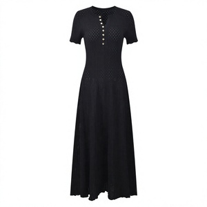 Women's V-Neck Maxi Knitted Sweater <b>Dress</b> With Buttons Solid Black Short Sleeve Natural Waist Sheath Style Elegant Daily Wear - Product Image 3