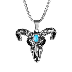 <b>Titanium</b> Steel Bull Head Pendant With Turquoise Inlay Retro Men's Necklace SP939 - Product Image 5