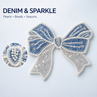 Grande applique en jean bleu avec nœud, perles, billes et paillettes, patch brodé à coudre pour robes, vestes, sacs et projets DIY