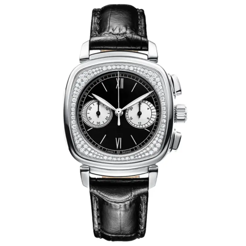 Luxury stainless steel square diamond case stopwatch Ronda movement women's sport quartz watch