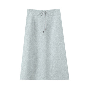 Falda Midi Runqi de Cintura Alta, Línea A, Color Gris, Talla Grande, Algodón, con Cordón Ajustable, Color Sólido, Falda para Mujer N9492 - Product Image 1