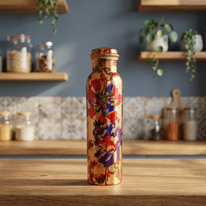 Botella de Agua de Cobre Puro con Estampado Floral Vibrante de Primera Calidad, 1000 ml, Diseño de Flores Multicolor, Botella Metálica a Prueba de Fugas - Product Image 1
