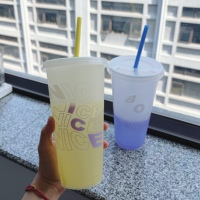 Vaso de Plástico Personalizado con Logotipo, Patrón Oculto Misterioso, Colorido, con Tapa y Pajita, Cambia de Color con Bebidas Frías