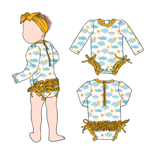Costume da bagno intero a maniche lunghe con stampa estiva Little Glow Kid, con volant sul retro, per bambine, ideale per viaggi <span class=keywords><strong>in</strong></span> <span class=keywords><strong>spiaggia</strong></span> a Hawaii. - Product Image 4