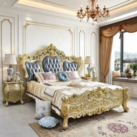 Lit King Size Haut de Gamme en Bois Massif Européen, Revêtement Cuir Bleu, Capitonnage Diamanté Doré, Idéal pour Chambre Principale ou Villa - Offre Spéciale