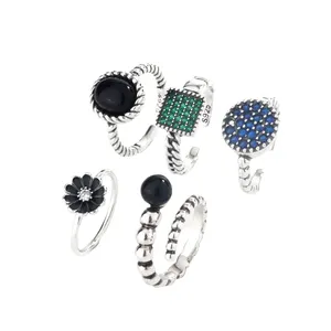 Nieuwe 925 Sterling Zilveren Retro Geometrische Zwarte Onyx Zirkonia Verstelbare Vrouwen Ring Sieraden