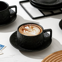 Ensemble tasse et soucoupe en céramique à texture rocheuse, noir mat, pour latte, cappuccino, expresso, style vintage, pour café et maison