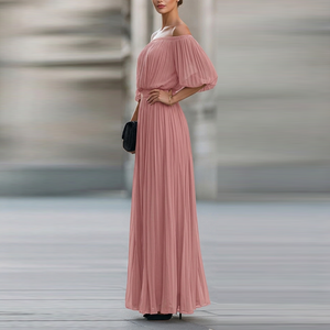 Elegante Abito Lungo da Donna in Chiffon con Spalle Scoperte, Pieghe e Spacco Alto, Vestito da Sera a Maniche Corte per Feste e Cerimonie - Product Image 5