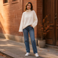 Suéter de Cuello Alto de Cachemira 100% para Mujer, Estilo Casual de Invierno, Tejido Suave y Cálido, Corte Holgado, Color Blanco Hueso