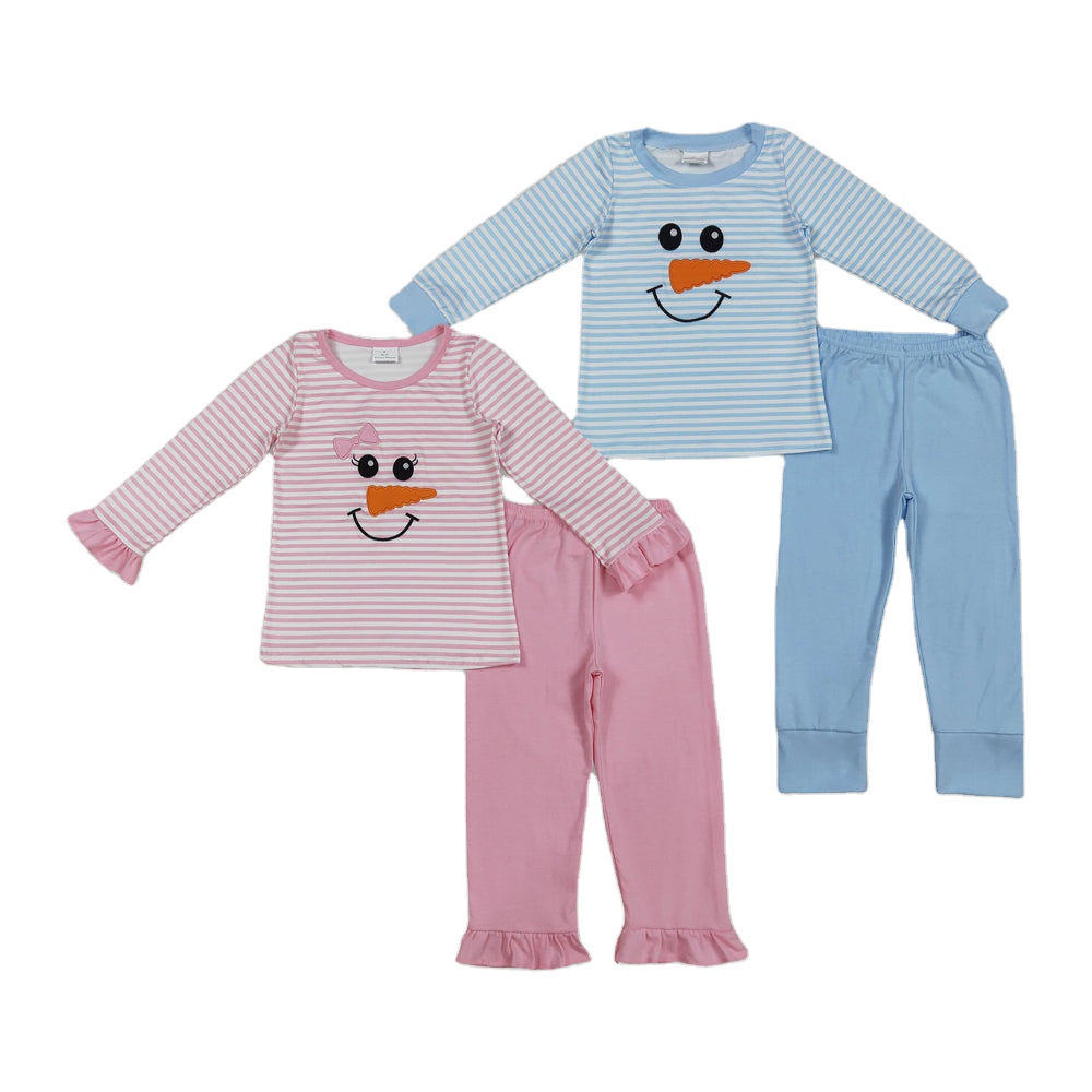 High Quality Girls' Boutique Clothing Set Snowman Embroidery Blue Stripe Kids Winter Pajamas Wholesale Toddler Outfits