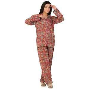 Printed Nightwear Set 100% Cotton Long Sleeve Button Up Woven Shirt and Full Length <b>Pants</b> Soft Breathable Summer Pajama Set - Product Image 2