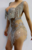 Bodysuit pesta tembus pandang berlian imitasi pakaian klub ukuran besar kostum panggung dansa Playsuit wanita seksi