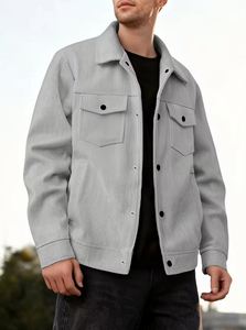 Blouson en velours côtelé uni pour homme avec revers – Manteau de travail décontracté polyvalent au style jeune et tendance - Product Image 3