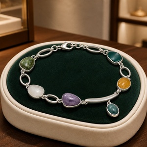 Bracelet en argent sterling 925 avec pierres précieuses naturelles multicolores, bracelet chaîne bohème avec pierres ovales serties, bijoux délicats pour femmes - Product Image 3