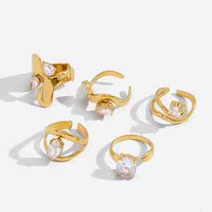 Geometric Zircon <b>Titanium</b> Steel <b>Ring</b> Set For Women Party Jewelry Prong Setting Gold Tone Fashion <b>Rings</b> - Product Image 1