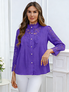 Blusa Joyinspring Primavera/Verano 2026, Talla Grande, Bordada, de Chifón Sólido, Casual, con Encaje, Cuello Redondo y Manga Larga - Product Image 2