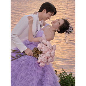 Purple Strapless Tulle Ball Gown Natural Waistline Wedding Dress For Photoshoot - Product Image 2