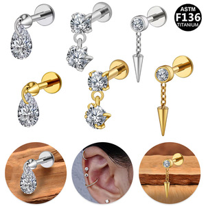 <b>Titanium</b> Coated Teardrop Zircon Earrings With <b>Chain</b> Studs For Ear Bone Piercing Party Jewelry ASTM F136 <b>Titanium</b> - Product Image 1