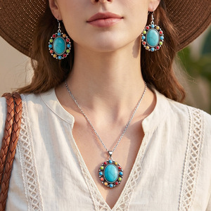Conjunto de Joyería Bohemia, Collar con Colgante Ovalado de Turquesa, Aretes de Aleación, Moda para Mujer, para Fiestas - Product Image 2