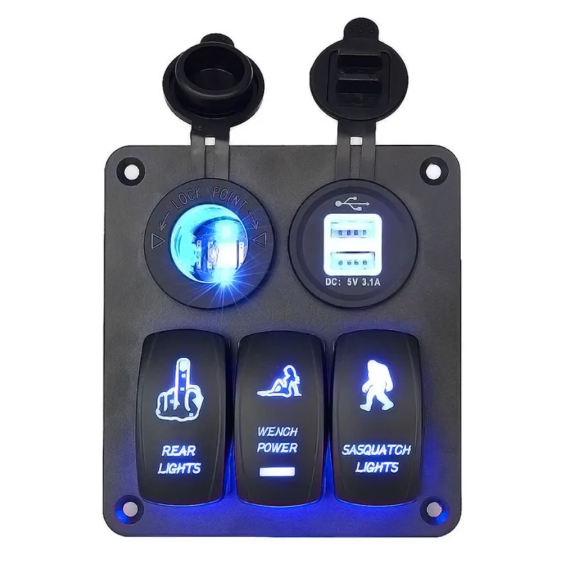 Painel de interruptores automotivo universal com porta USB dupla, painel de interruptores de balancim LED com isqueiro e interruptor de balancim para barcos