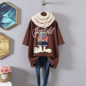 סגנון קוריאני חמוד סתיו חורף מוברש שרוולים קצרים לנשים הדפס קריקטורה מעובה במידות גדולות רופף חולצת טריקו להרזיה - Product Image 6