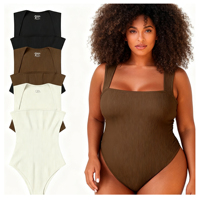 Body côtelé à col en U pour femme, grande taille, sans manches, extensible, une pièce, gainant, sexy, moulant, style débardeur