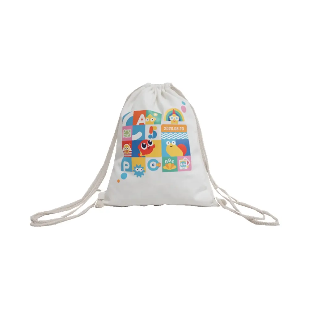 Mochilas escolares reciclables de algodón para niños, morrales de lona blanca con cordón y logotipo, material suave, venta al por mayor