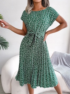 Stile dolce stampa floreale grande orlo plissettato abiti da donna eleganti Casual a vita alta elegante abito estivo a manica corta da donna - Product Image 2