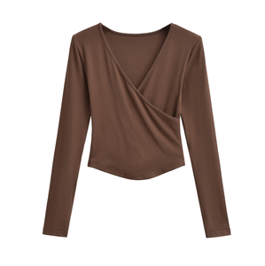 Women's Slim Fit <b>V</b>-<b>Neck</b> <b>Long</b> <b>Sleeve</b> Asymmetric Crop <b>Top</b> Knitted Solid Color Breathable Spandex Cotton T-Shirt - Product Image 1