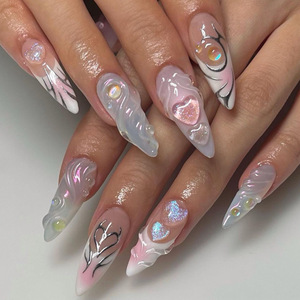 Vente en gros à bas prix, Faux ongles à poser semi-artisanaux, <span class=keywords><strong>rose</strong></span> sirène, forme amande 3D, style cœur de pêche français - Product Image 4