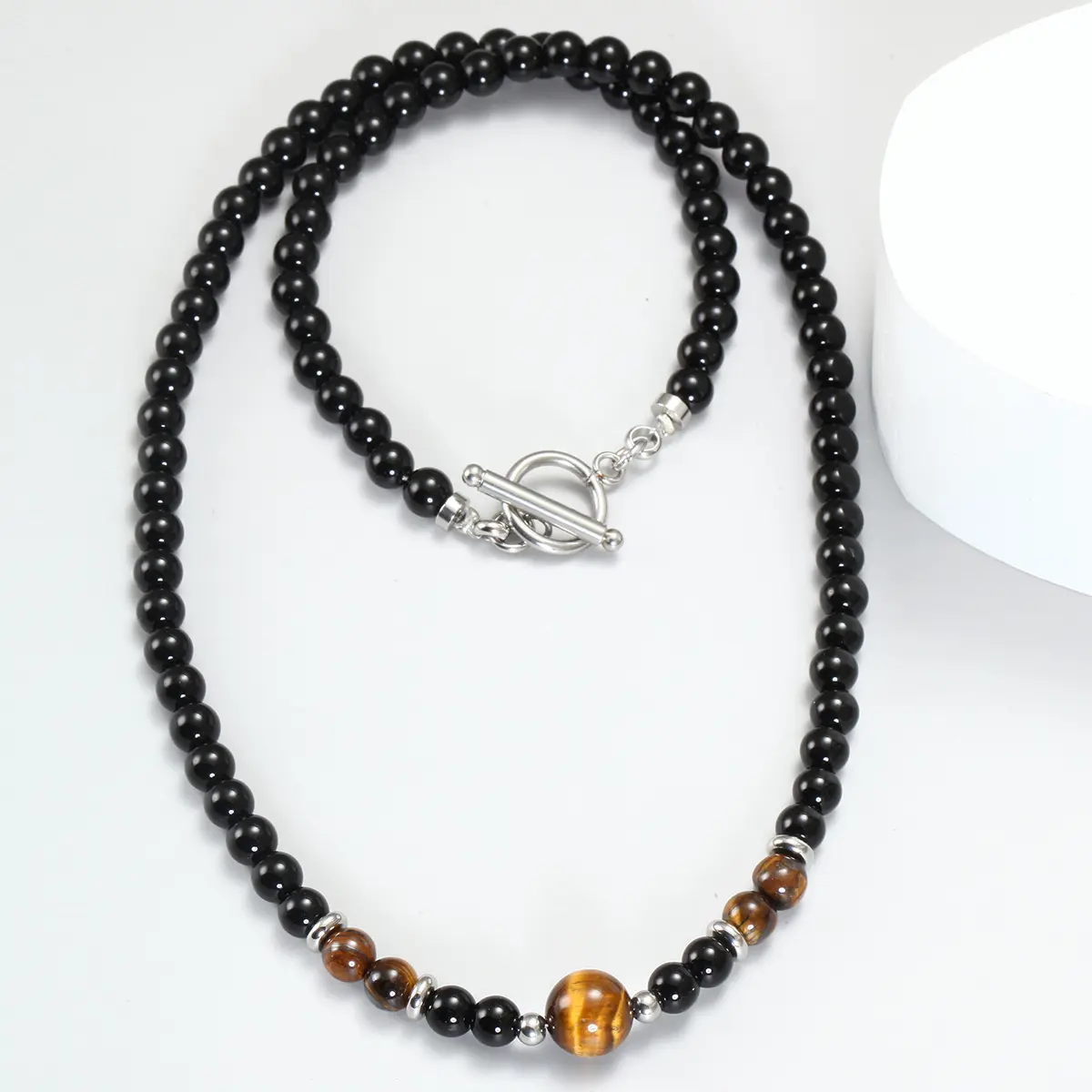 Fashion Tiger Eye Beaded Necklace Stainless Steel OT Button Men's Necklace