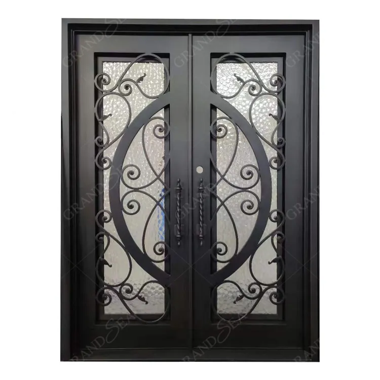 Puertas de hierro forjado a mano, puerta de hierro forjado a prueba de fuego, puerta de entrada francesa de doble seguridad con vidrio