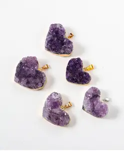 精致天然生紫水晶簇状心形吊坠愈合紫色水晶项链德鲁兹·吉奥德饰品