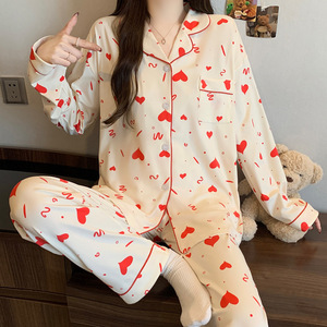 Set Pigiama da Donna a Maniche Lunghe all'Ingrosso, Morbido con Stampa a Fiocco e Bottoni, Due Pezzi - Product Image 1
