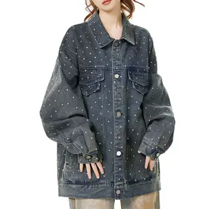 하이 퀄리티 사용자 정의 패션 빈티지 여성 느슨한 특대 라인 석 장식 데님 재킷 드롭 어깨 버튼 업 재킷