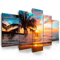 Tableaux sur toile Paysage marin au coucher du soleil moderne, Œuvre d'art dorée, Décoration murale pour la maison, Ensemble de 5 pièces à suspendre